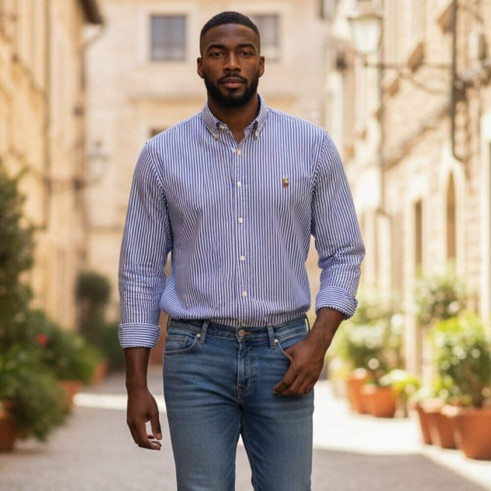 Ralph Lauren Mens XL 17.5 34 Blue Striped Yarmouth Long Sleeve Button Down Shirt
